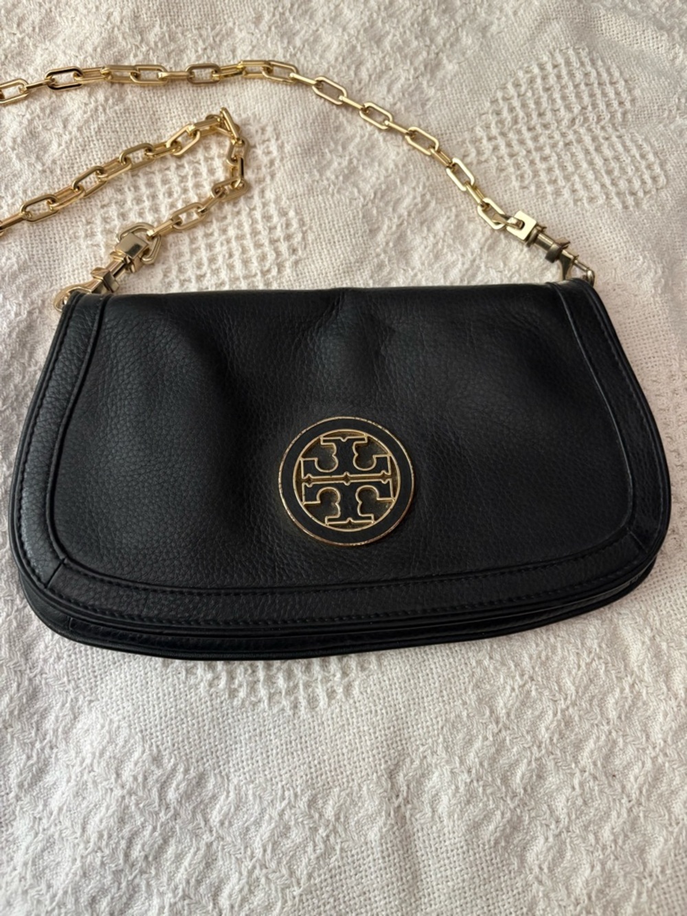 Tory Burch Black Leather Crossbody with Gold Chain and Logo